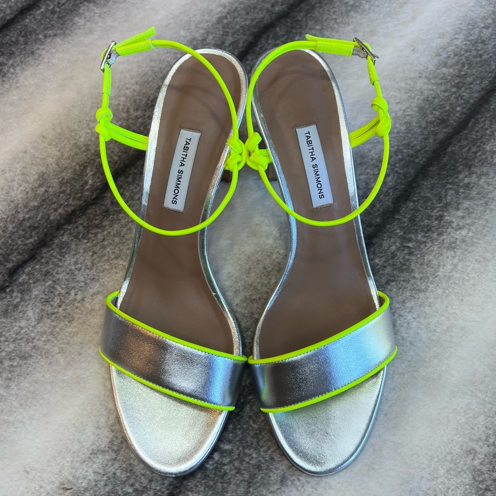 Tabitha Simmons Bungee Block Neon Silver Heel Sandals